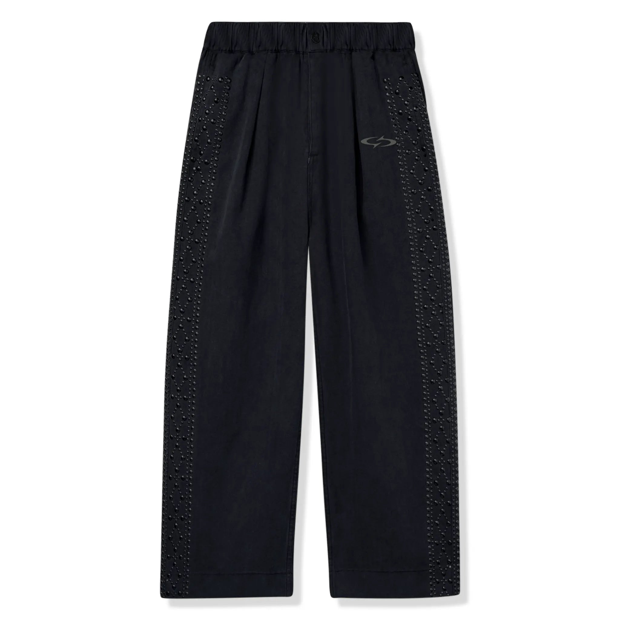 Front View of Suavo London Stud Pleated Black Sweatpants